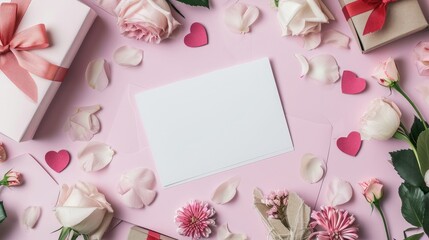 Valentines Card Mockup, blank Valentine card with rose decoration