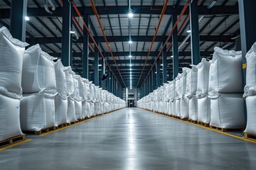 Rows of big white sacks at large warehouse in modern factory. - obrazy, fototapety, plakaty