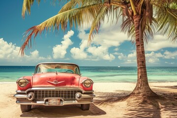 Red old car parked on a tropical beach