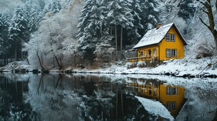 Yellow house on the lake