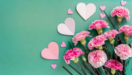 Top view of pink carnation flowers, and pink paper hearts on a green background with copy space