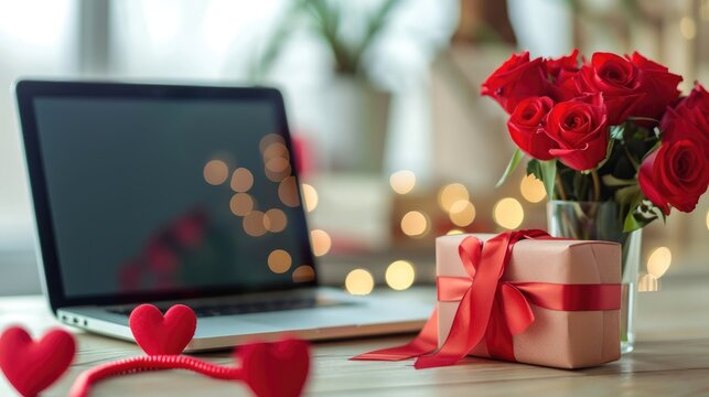 Laptop with gift and rose, Valentines Day and Technology Using tech gadgets