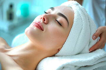 Obraz na płótnie Canvas Close up of the face of attractive lady enjoy spa salon procedure
