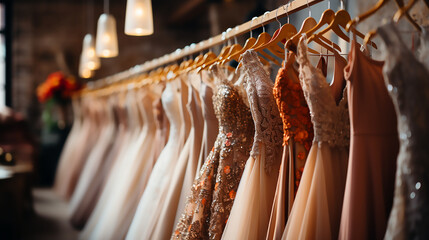 Different wedding dresses hanging on hanger in bridal shop boutique salon