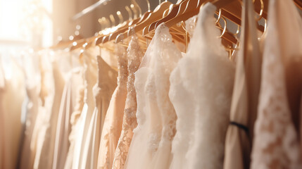 Different wedding dresses hanging on hanger in bridal shop boutique salon - obrazy, fototapety, plakaty