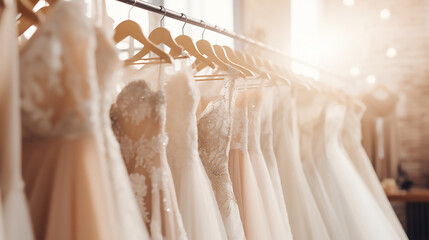 Different wedding dresses hanging on hanger in bridal shop boutique salon