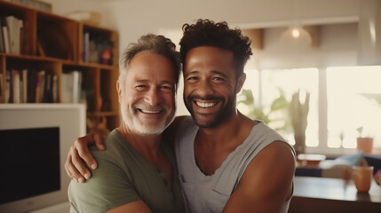 Fototapeta premium Smiling middle aged homosexual men couple hugging