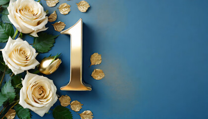 Top view Number 1 anniversary celebration and golden roses on blue background with copy space