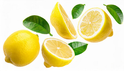 Collection of half and sliced, fresh and juicy lemons isolated on white background
