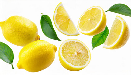 Collection of half and sliced, fresh and juicy lemons isolated on white background