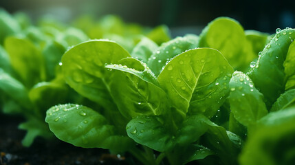 Raindrops on fresh green leaves of growing plants