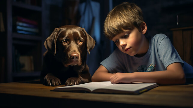Boy writing, reading box, doing homework task at home. Labrador dog sitting near table next to him