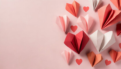 Top view of pink and red origami paper hearts on pastel pink background with copy space