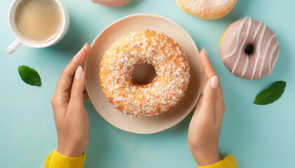 Top view of hands taking tasty sugary donut ready to eat on pastel background