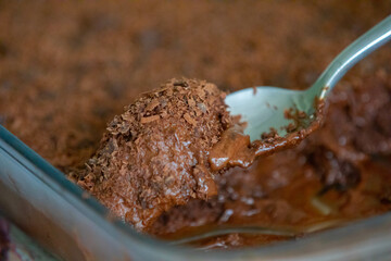 Traditional chocolate mousse in closeup and selective focus