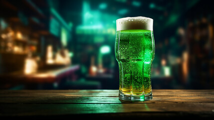 Green beer on a table, summer night bar background