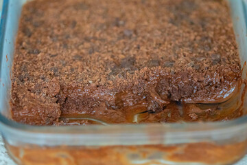 Traditional chocolate mousse in closeup and selective focus