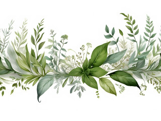 Obraz premium Chic Botanical Elegance Horizontal Herbal Banners for Wedding Invitations, Business Products, and Web Designs – A White Canvas Adorned with Leaves and Herbs