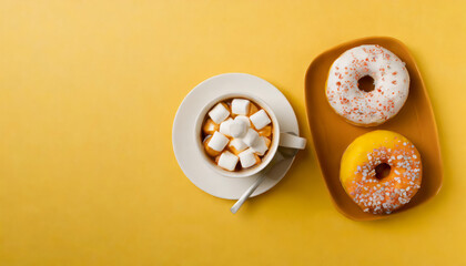 Top view of cup of drink with marshmallow and plate with tasty donuts on yellow background with copy space
