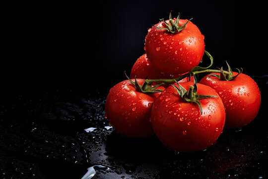 close up horizontal image of tomatoes on a dark background AI generated