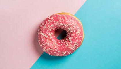 Top view of pink tasty appetizing doughnut on half blue half pink background with copy space