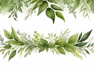 Chic Botanical Elegance Horizontal Herbal Banners for Wedding Invitations, Business Products, and Web Designs – A White Canvas Adorned with Leaves and Herbs