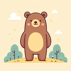 Adorable Cartoon Bear Standing Up With a Cheerful Smile on a Soft Background. Animal Logo Mascot