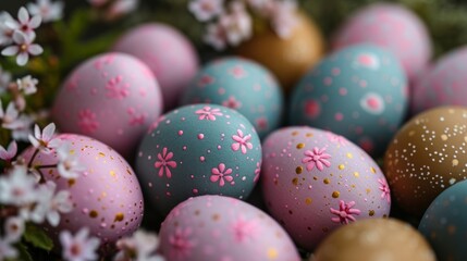 Fototapeta na wymiar Easter Background, arranged eggs. AI Generative