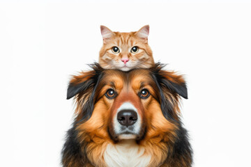 Dog with cat on top of its head on solid white background. ai generative