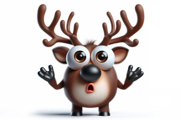 full body Funny Portrait of surprised reindeer with bulging big eyes on solid white background. ai generative