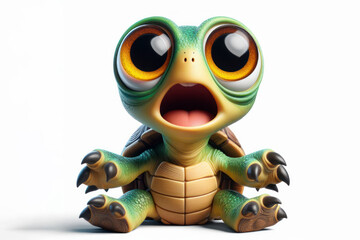Fototapeta premium full body Funny Portrait of surprised turtle with bulging big eyes on solid white background. ai generative