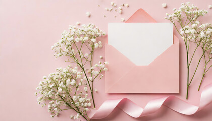 Top view of pink envelope paper card pink curly ribbon and white gypsophila flowers on pink background with copy space