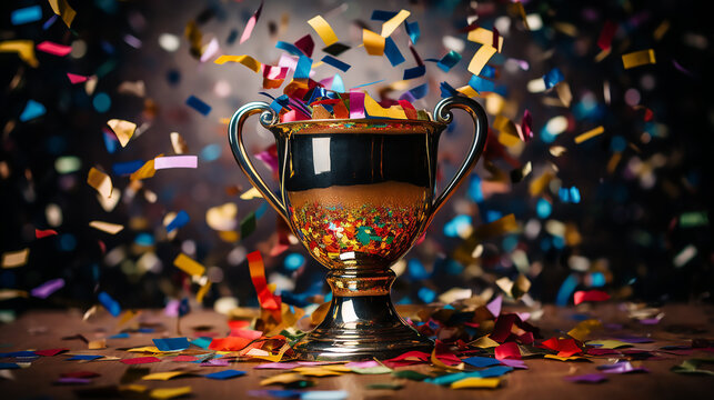 Gay pride cup or winner trophy in golden and silver shiny chrome with celebration rainbow gay confetti and rainbow gay ribbon decoration, gay month background