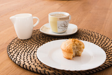 Bite-sized muffin with coffee and milk for breakfast