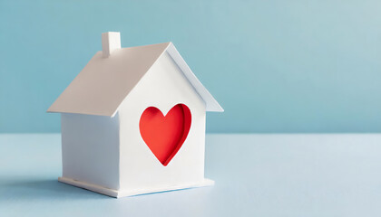 White toy house with bright red heart on blue background with copy space