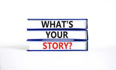 Storytelling and what is your story symbol. Concept words What is your story on beautiful books. Beautiful white table background. Business storytelling and what is your story concept. Copy space.