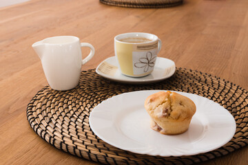Bite-sized muffin with coffee and milk for breakfast