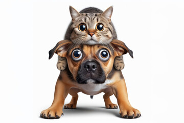 Obraz premium Portrait of surprised Dog with cat on top of its head with bulging big eyes on solid white background. ai generative