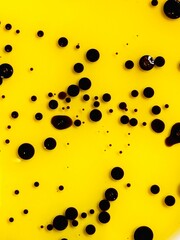 texture of the black bubbles and streaks on yellow background. closeup photo of color ink float on yellow oil. balsamic vinegar in olive oil, italian sauce. - obrazy, fototapety, plakaty