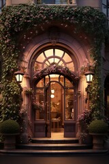 Charming floral showcase-entrance. Window display with rounded top and exquisite flower decor.