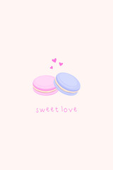 Valentines day card. Simple greeting card in flat style. Sweet love. February 14. Valentine day concept. Macarons