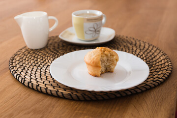 Bite-sized muffin with coffee and milk for breakfast