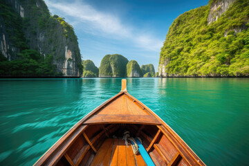 Traditional wooden boat heading towards majestic limestone cliffs on a clear day in Ha Long Bay,...