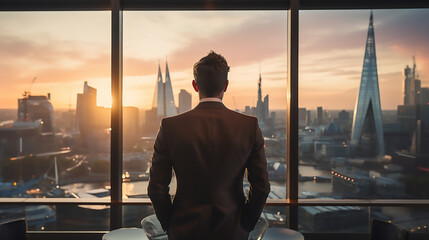 Business man, back view in the office, Big City skyline view