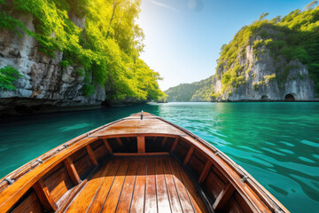 Wooden boat heading towards sunny limestone cliffs on a clear turquoise water body.