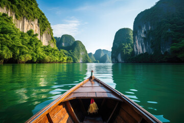 Traditional wooden boat on a serene river with towering limestone cliffs and lush greenery in a...
