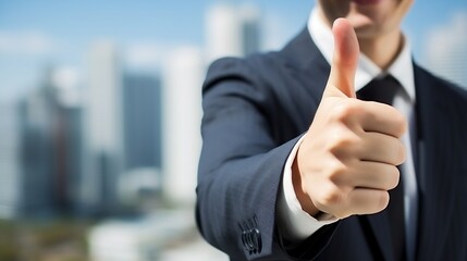 Businessman showing thumbs up on the city background, focus on hand