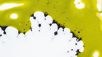 Abstract yellow and green paint splash on white background, an image colored ink poured over a flat surface. Banner with copy space.