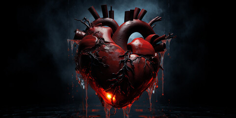 A drawing of a human heart on the dark background, Heart attack and cardiac problems passion and romance with human heart, 
Human heart illustration design in 3d digital art design, generative AI
 - obrazy, fototapety, plakaty
