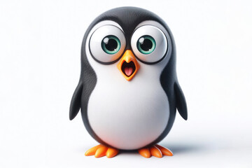 full body Funny Portrait of surprised penguin with bulging big eyes on solid white background. ai generative